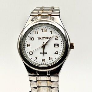 Waltham Mens Watch White Dial Two Tone Stretch Bracelet Date Window New Battery